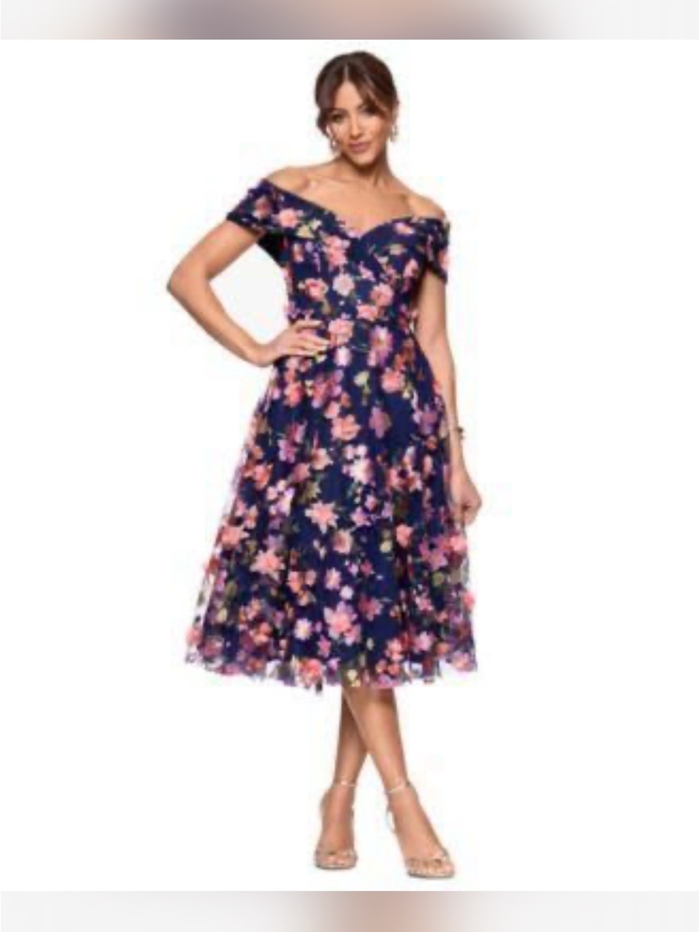 Off-Shoulder Floral Midi Dress in Blue  with Pink & Coral Blooms